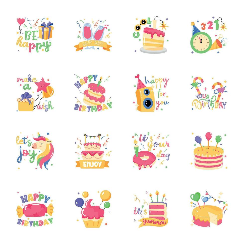 Bundle of Birthday Celebrations Flat Stickers vector