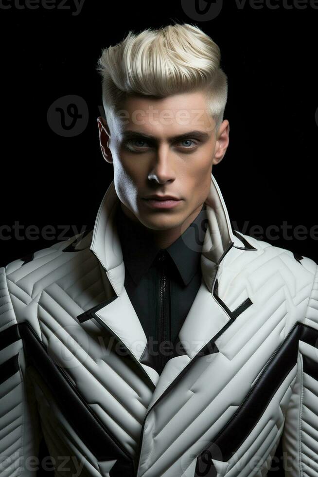 Portrait of fashion caucasian male model, in style of futurism fashion, black background. AI Generated photo