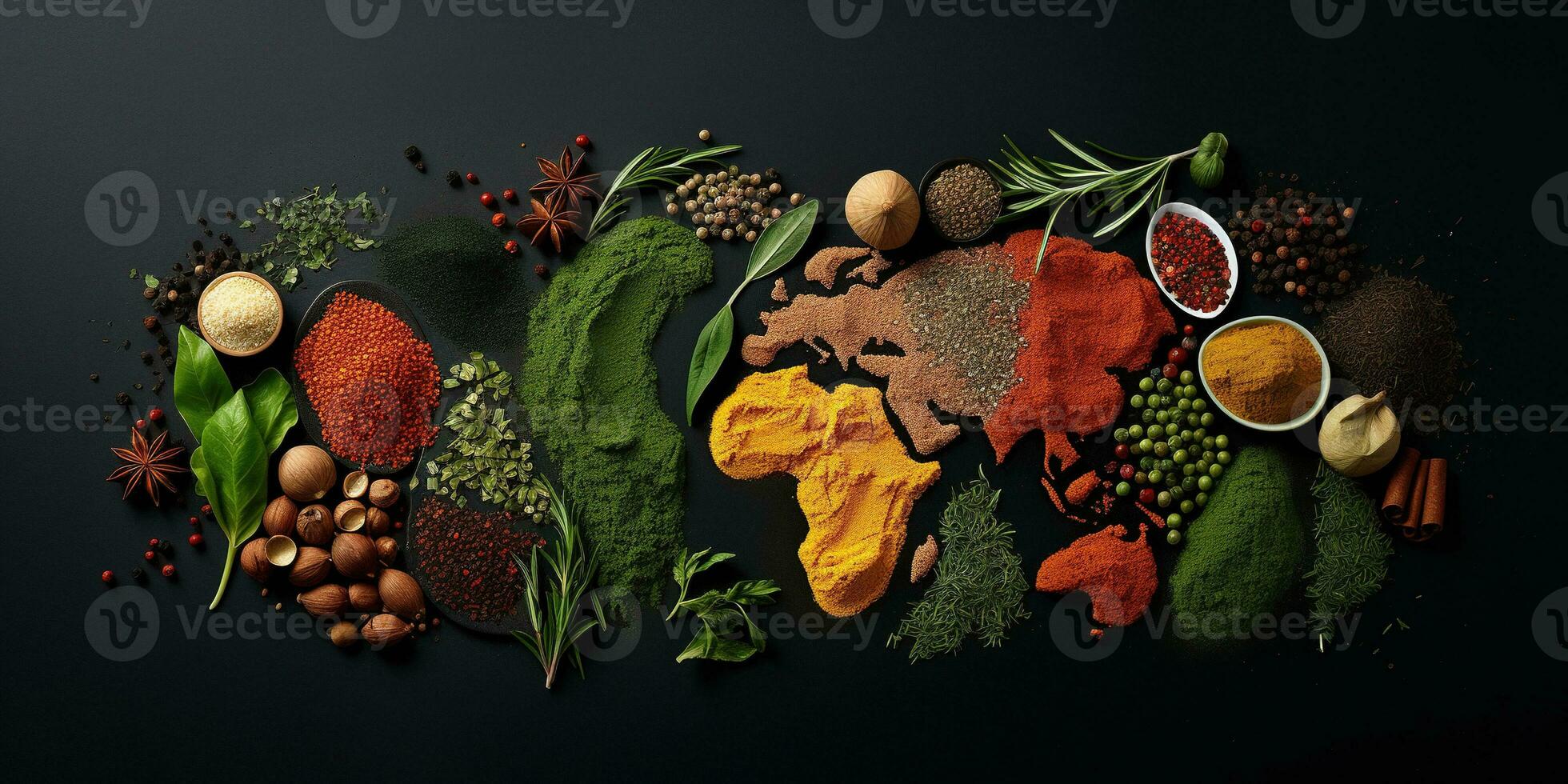 Spices and herbs around the world in the shape of a world map on a dark background. Top view. Creative photo banner. AI Generated