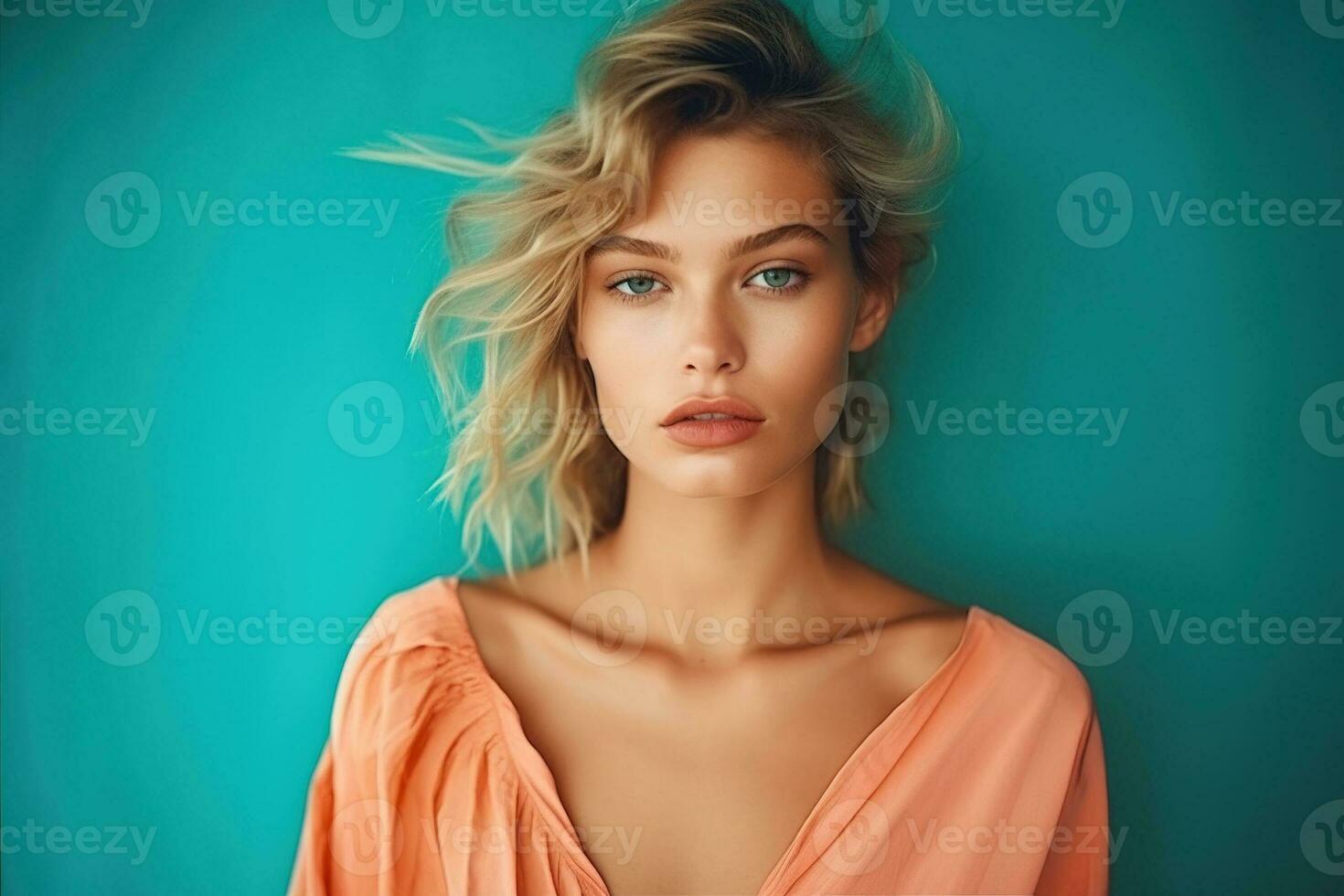 Portrait of young pretty blonde woman in light orange dress in studio with turquoise background. AI Generated photo