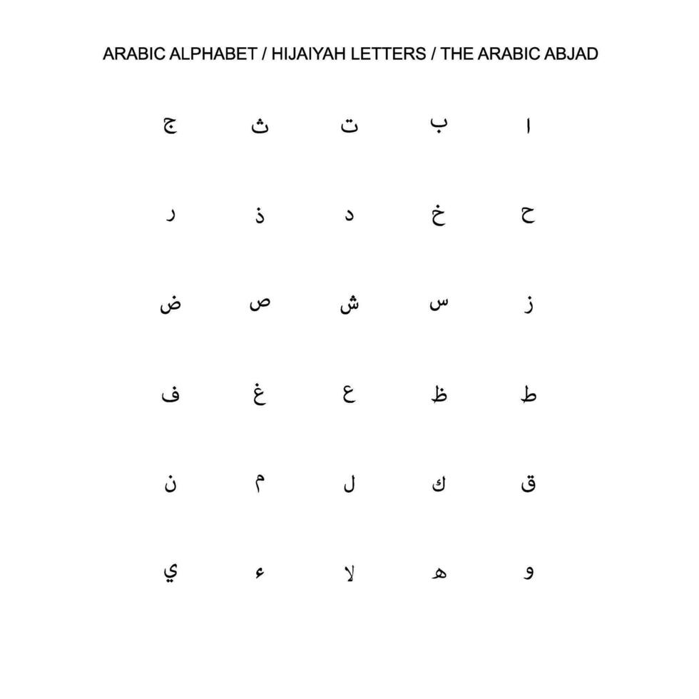 ARABIC ALPHABET or HIJAIYAH LETTERS or THE ARABIC ABJAD is the Arabic script as it is codified for writing Arabic. It is written from right to left in a cursive style. Vector Illustration