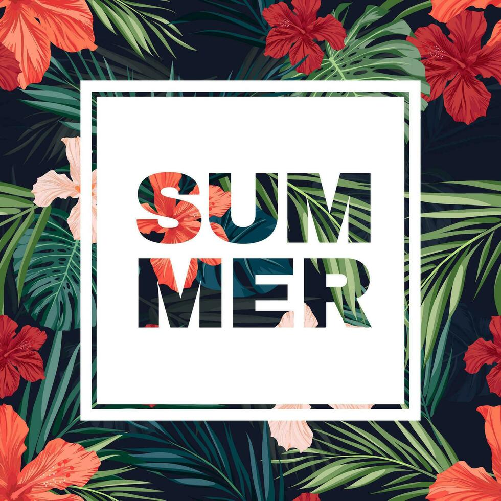 Summer tropical background with monstera palm leaves, hibiscus flowers. vector