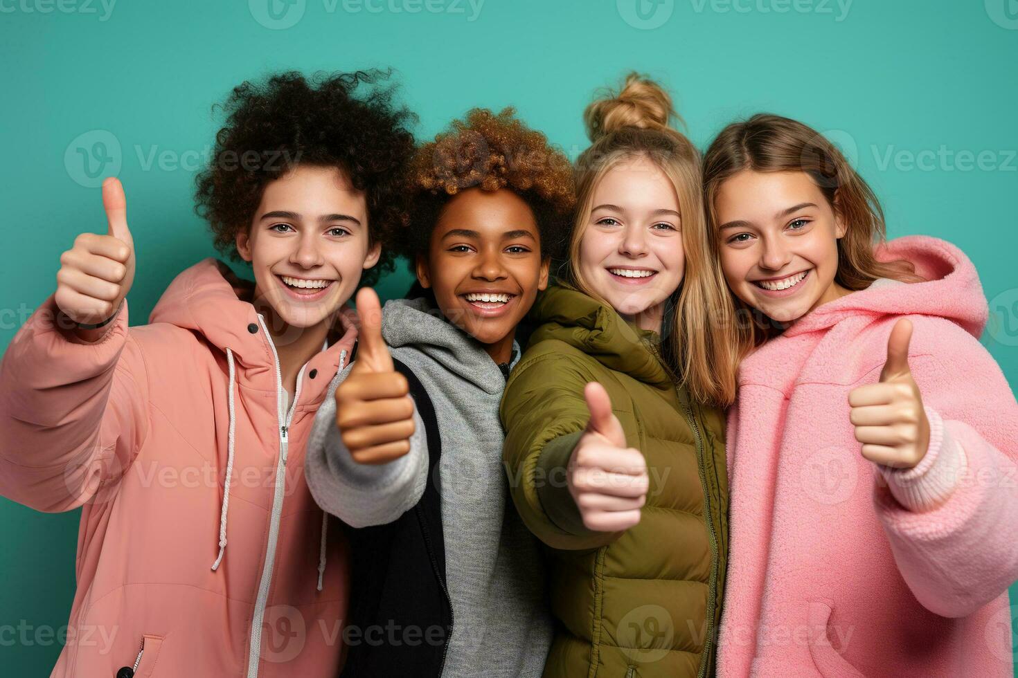 Portrait of teenagers showing thumb-up on color background. AI Generated photo