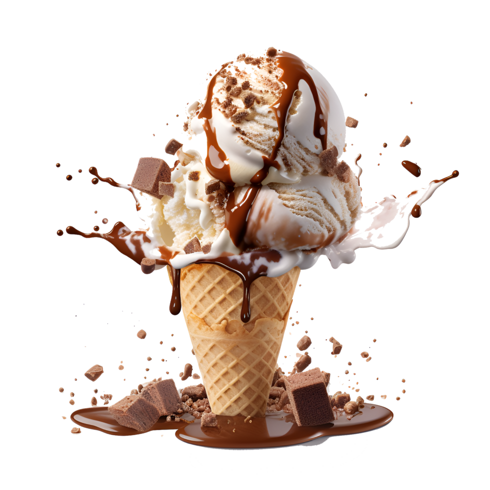 Chocolate and strawberry ice cream cone isolated on transparent background generative with ai png