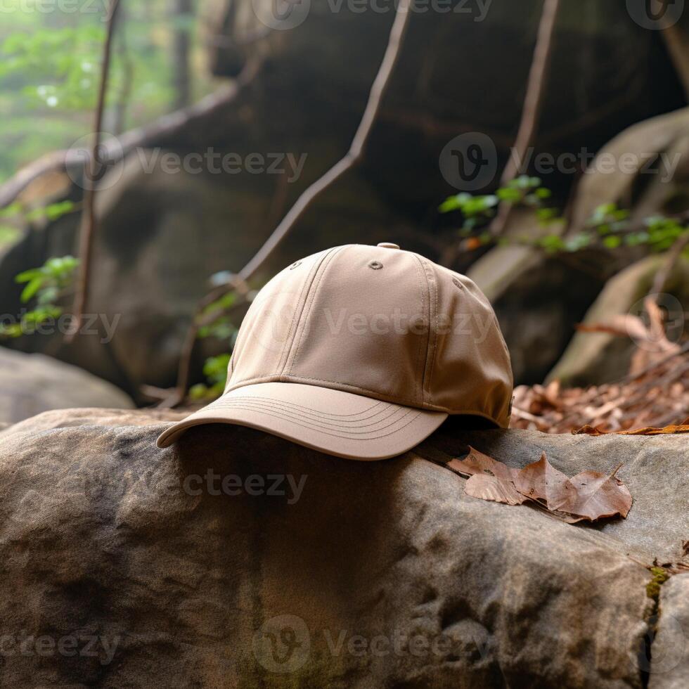 Photo of blank light brown baseball hat, ultra realistic, 8K, suitable to create hat mockup or cap mockup