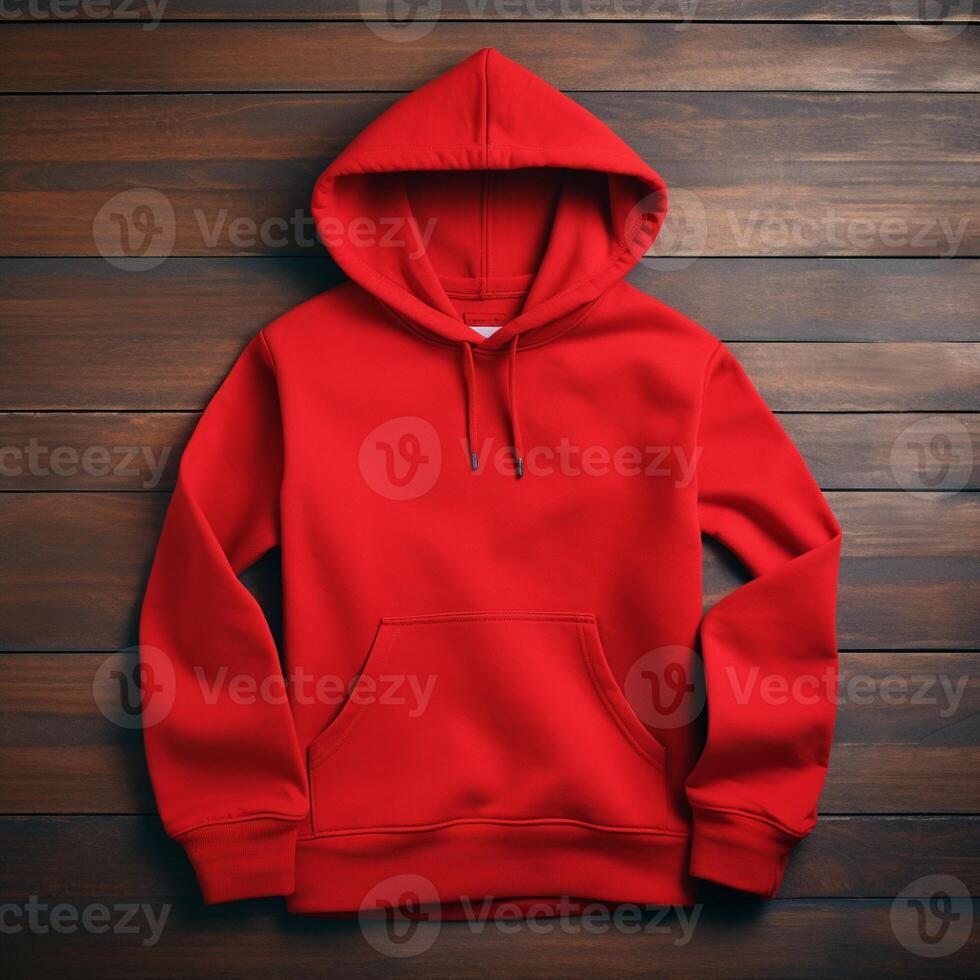 Blank red hoodie lying on the table, photographed from above photo