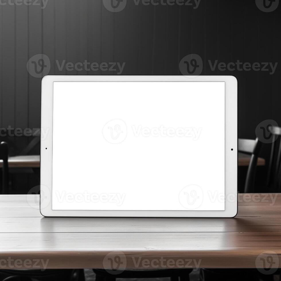 ai generativo alto calidad foto de grande tableta con blanco pantalla en el mesa, Perfecto a crear Bosquejo avance