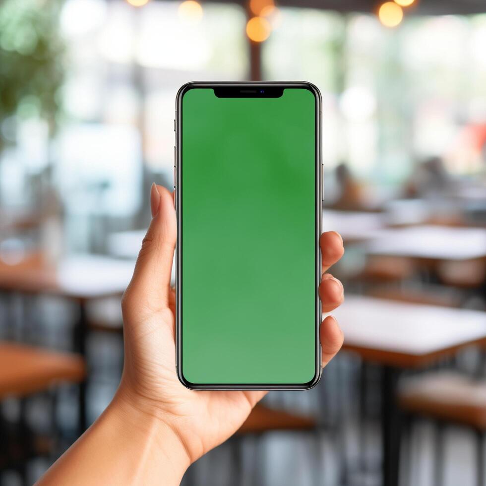 AI Generative Women hand holding smart phone with the screen is blank plain bright green, blur cafe background photo