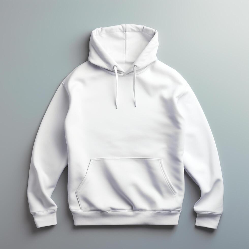 Blank white hoodie lying on the table, photographed from above photo