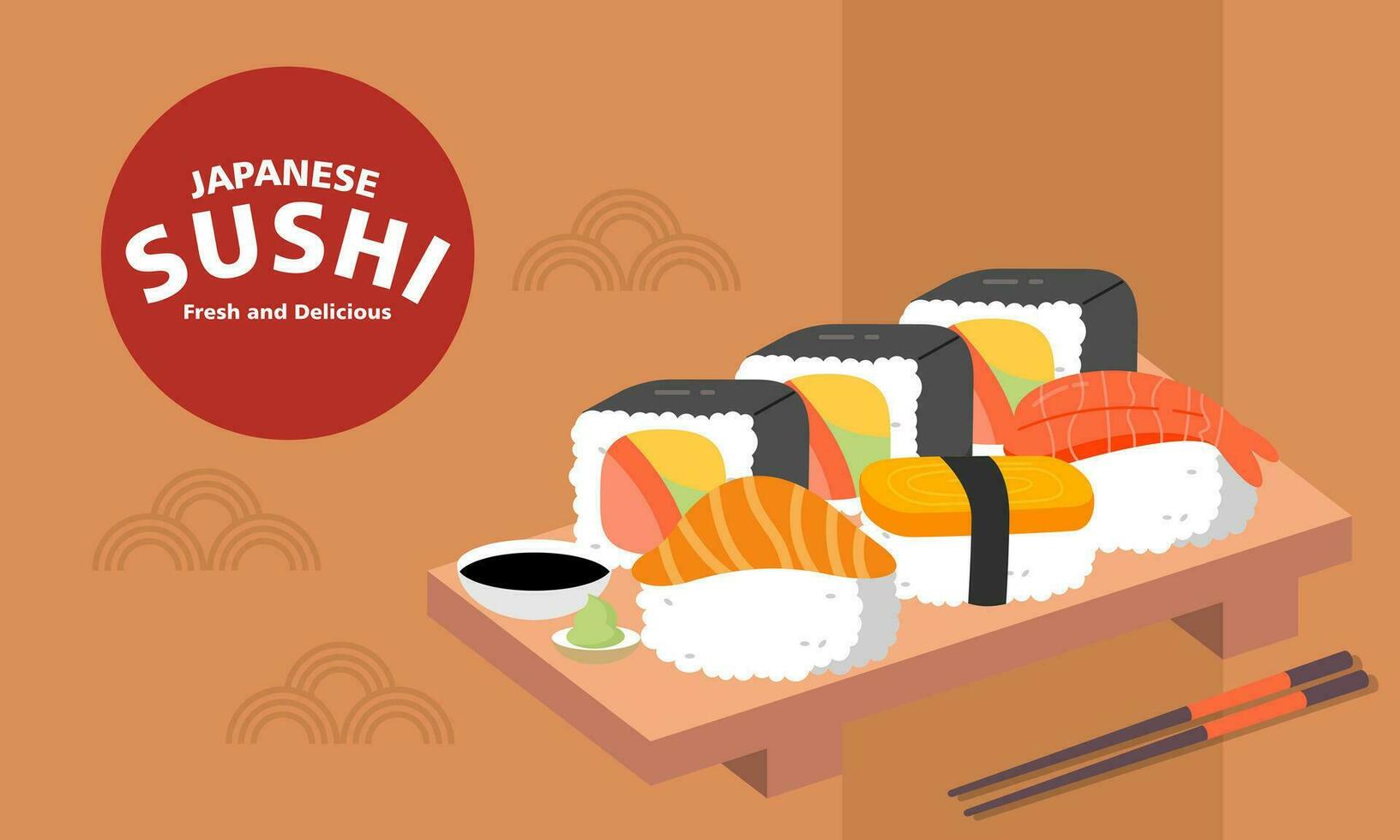 Clásico Sushi póster diseño con vector Sushi personaje