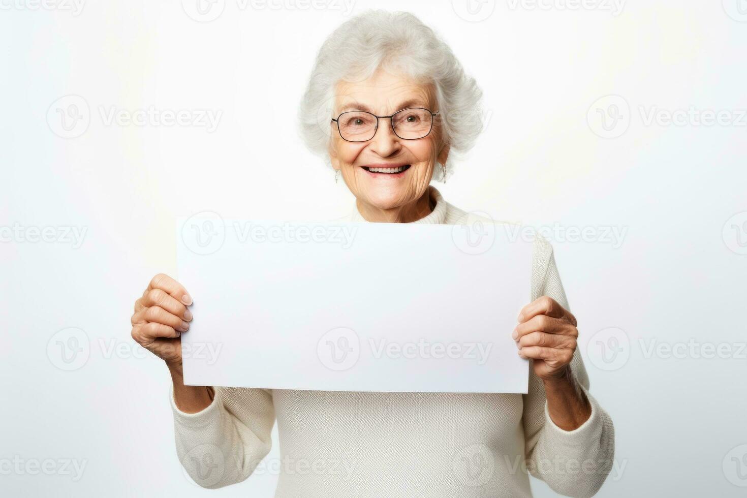 Happy old woman holding blank white banner sign, isolated studio portrait. AI Generated photo