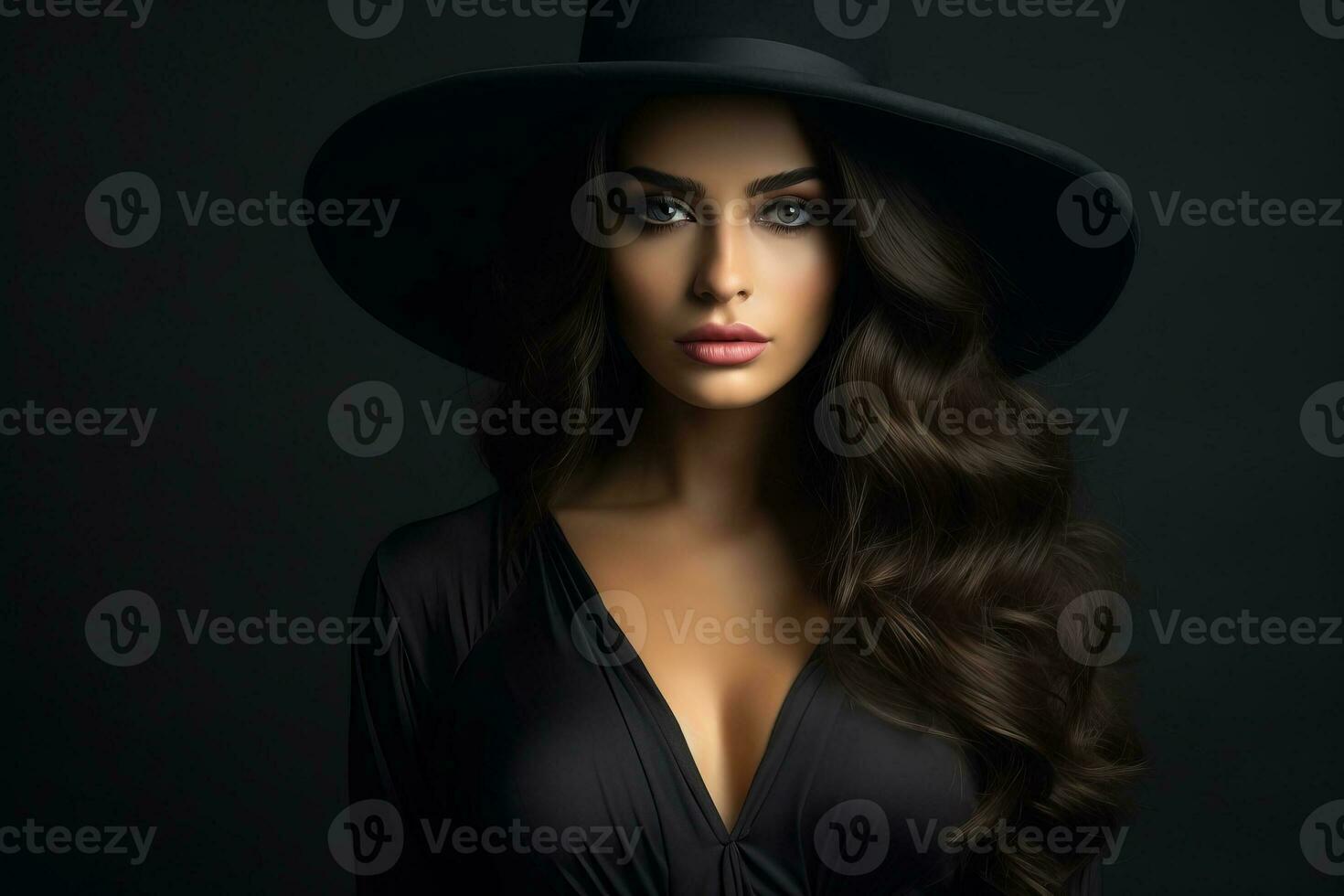 Dramatic dark studio portrait of elegant and sexy young woman in black wide hat and black dress. AI Generated photo