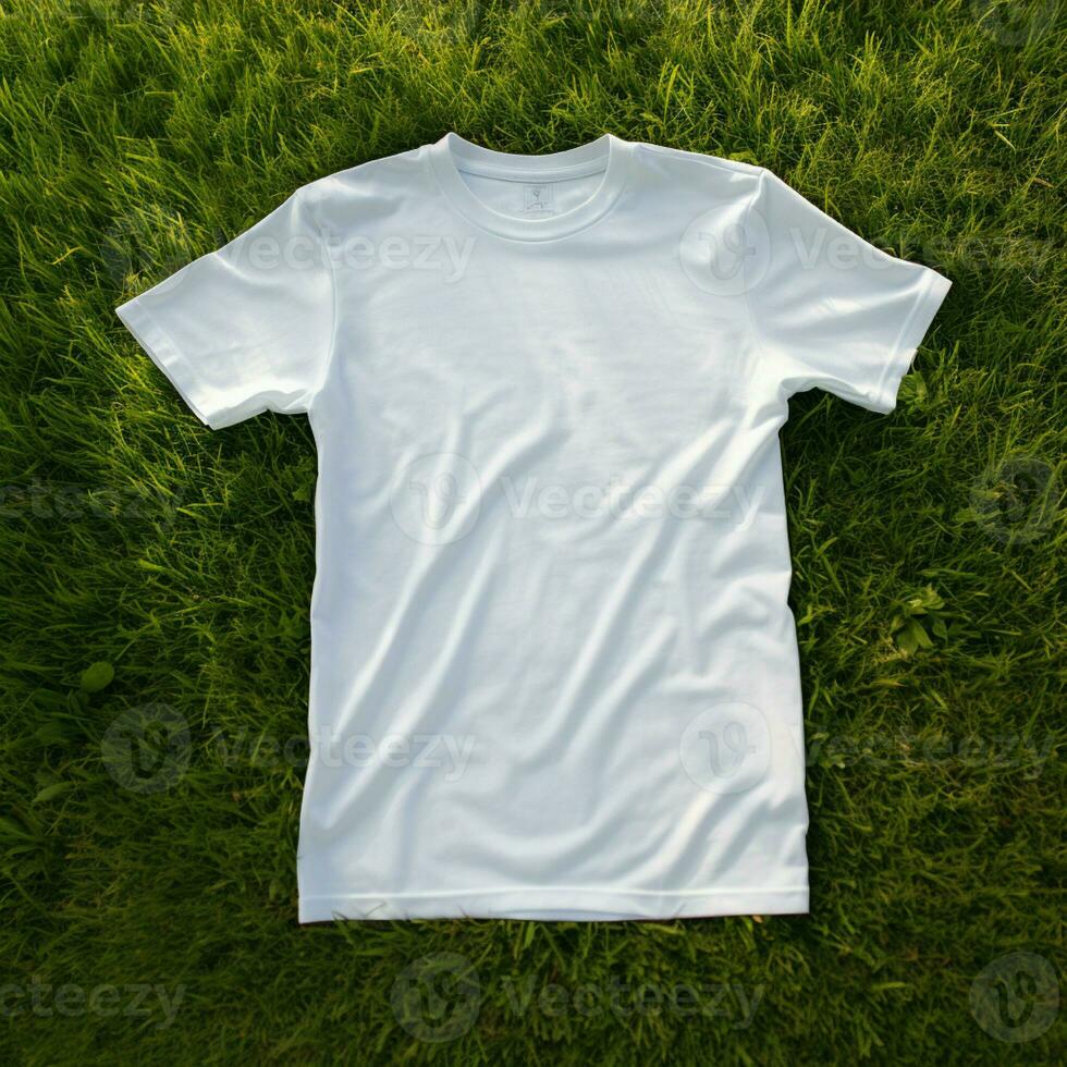 AI generative High quality of Blank white t-shirt on the green grass, perfect for mockup preview photo