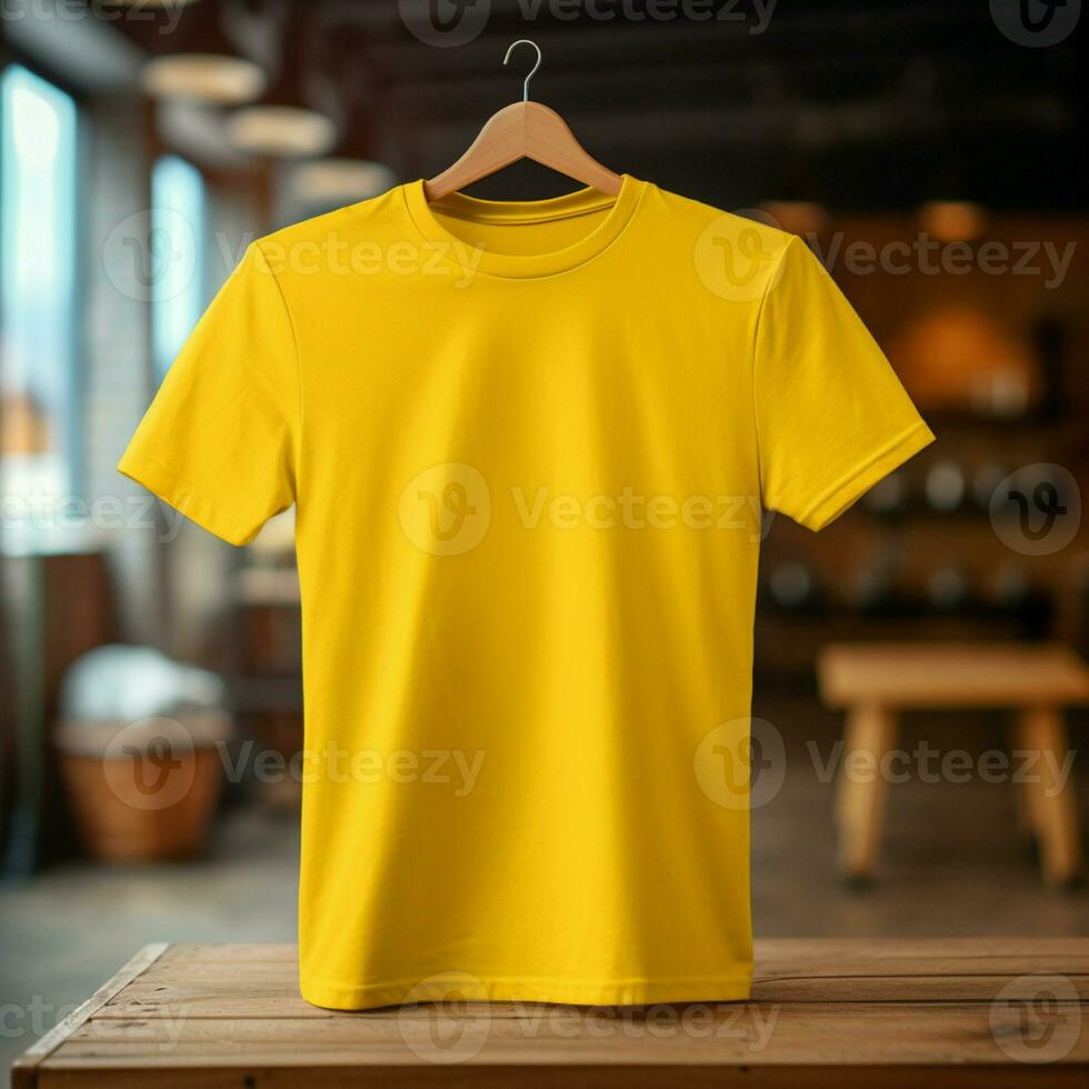 ai generativo alto calidad blanco camiseta en amarillo color, Perfecto a crear Bosquejo avance foto