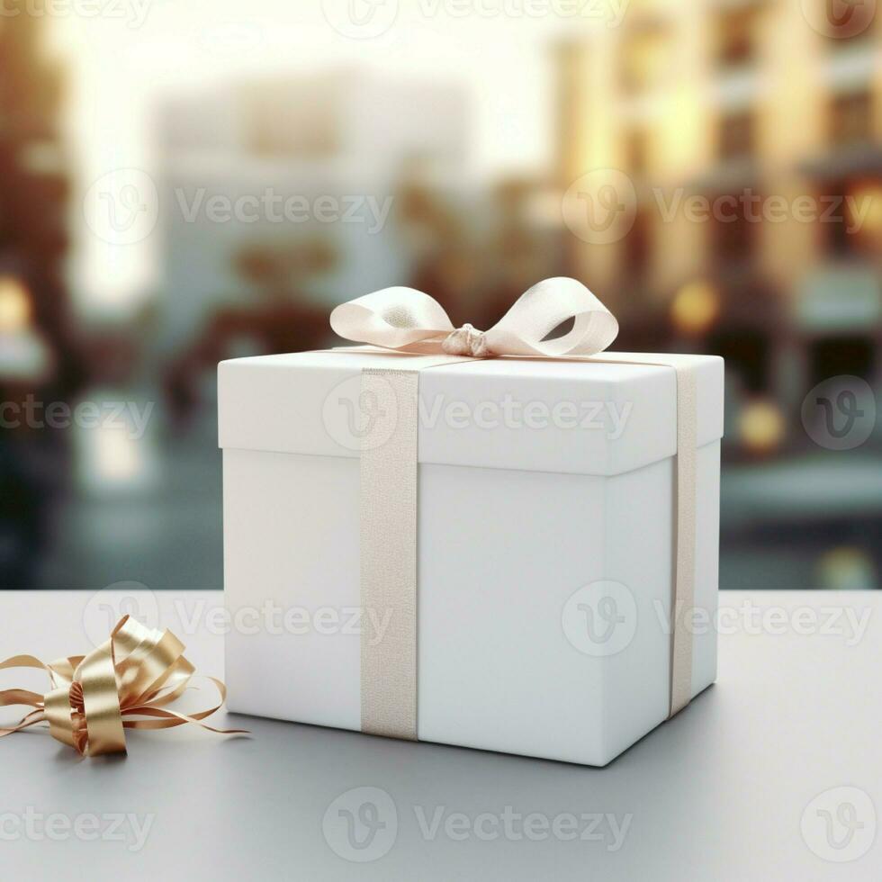 AI generative Blank gift box in white color on the table, perfect to create mockup preview photo