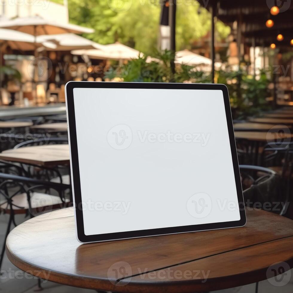 High quality photo of big tablet with blank screen on the table, perfect to create mockup preview