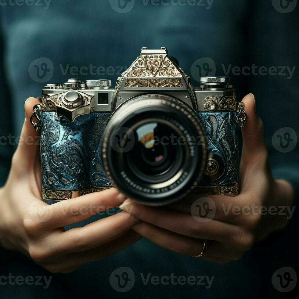 AI generative High quality photo of woman hand holding mirrorless camera