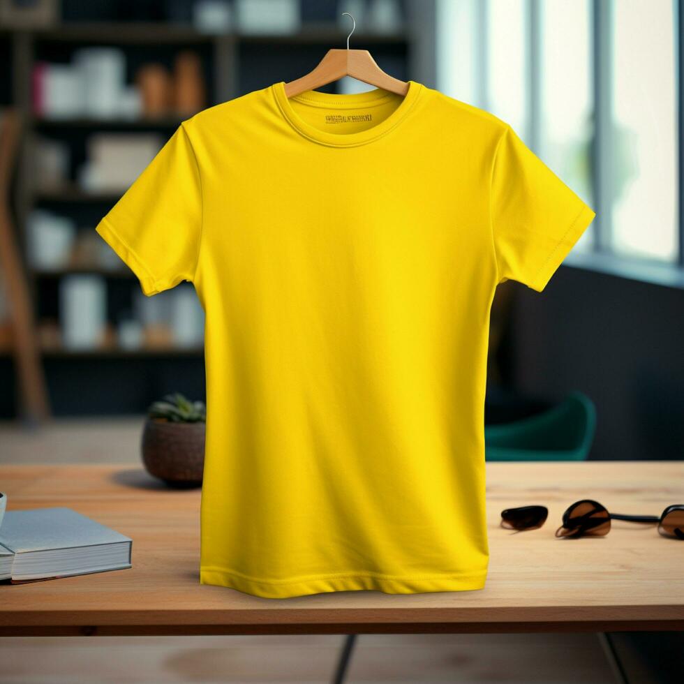 ai generativo alto calidad blanco camiseta en amarillo color, Perfecto a crear Bosquejo avance foto