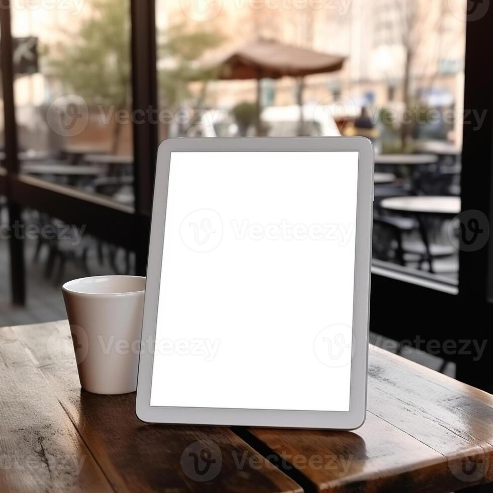 High quality photo of big tablet with blank screen on the table, perfect to create mockup preview