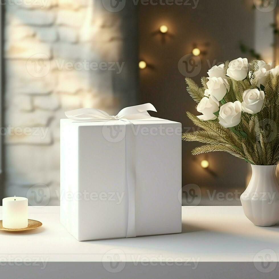 AI generative Blank gift box in white color on the table, perfect to create mockup preview photo