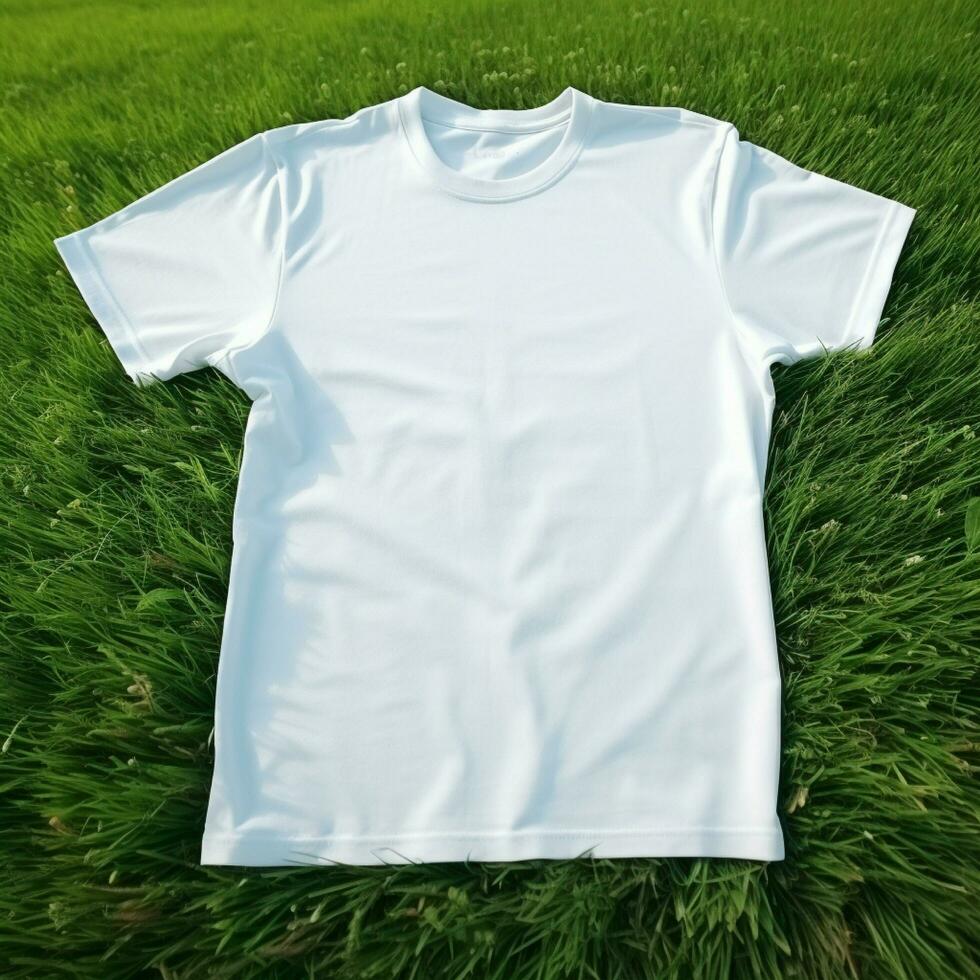 AI generative High quality of Blank white t-shirt on the green grass, perfect for mockup preview photo