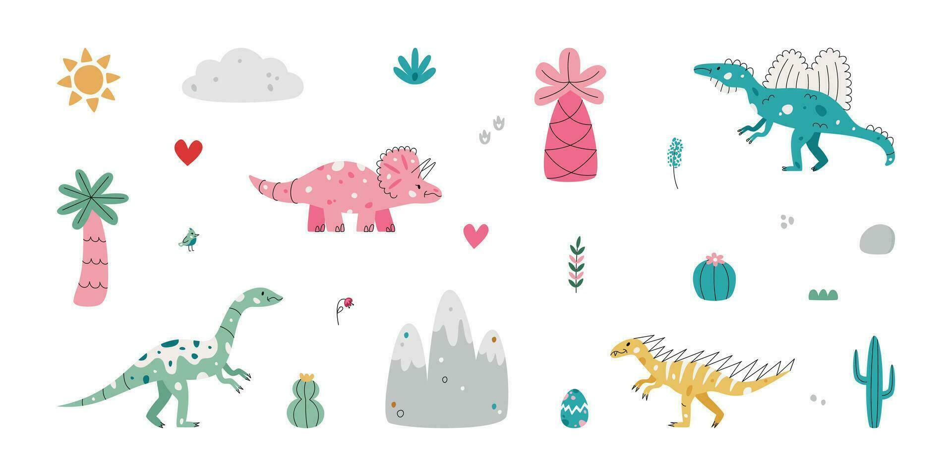 Flat hand drawn vector illustrations of prehistoric era