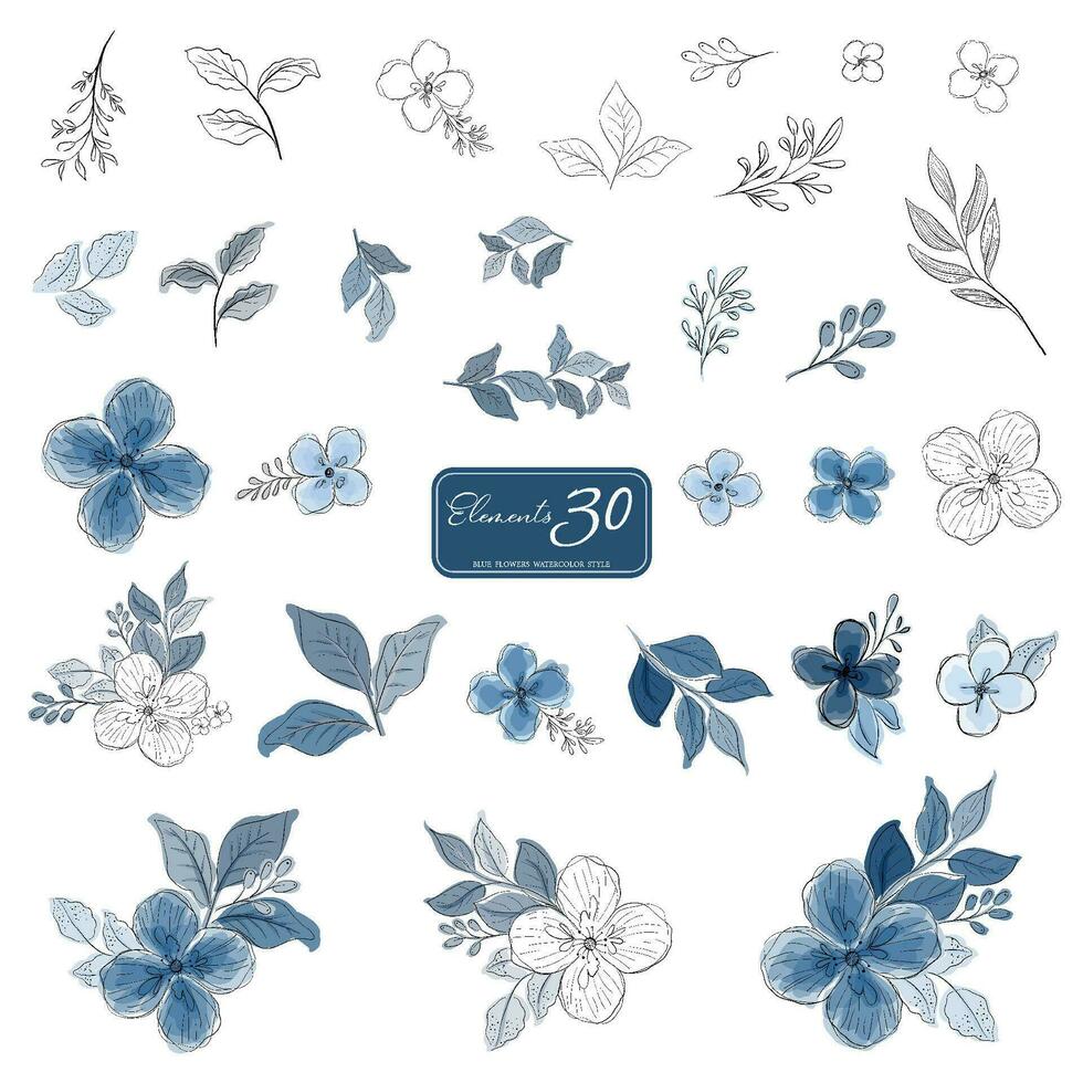 conjunto de azul flores y hojas acuarela estilo elementos vector