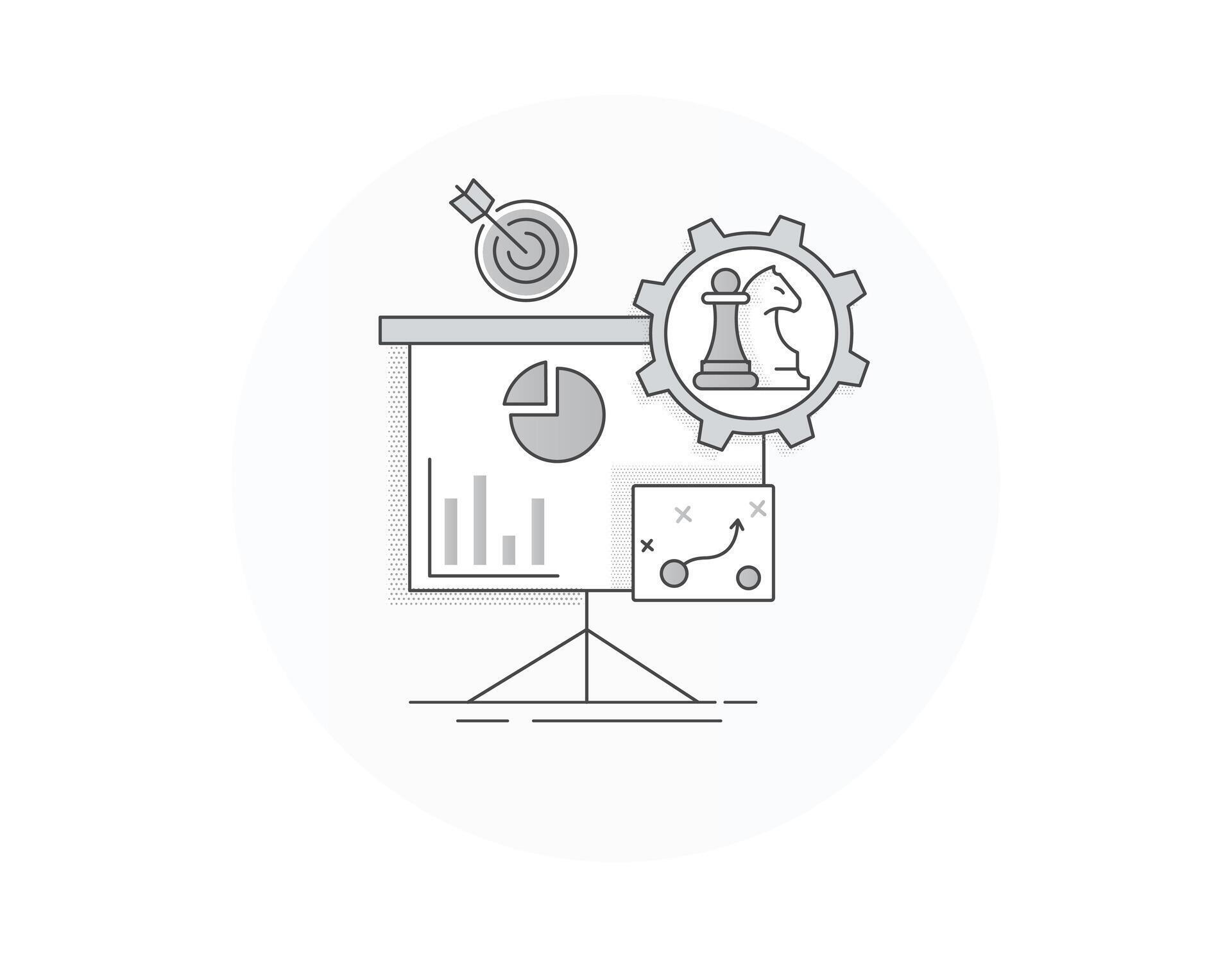 Business Strategy Illustration with Graphs, Targets, and Chess Pieces