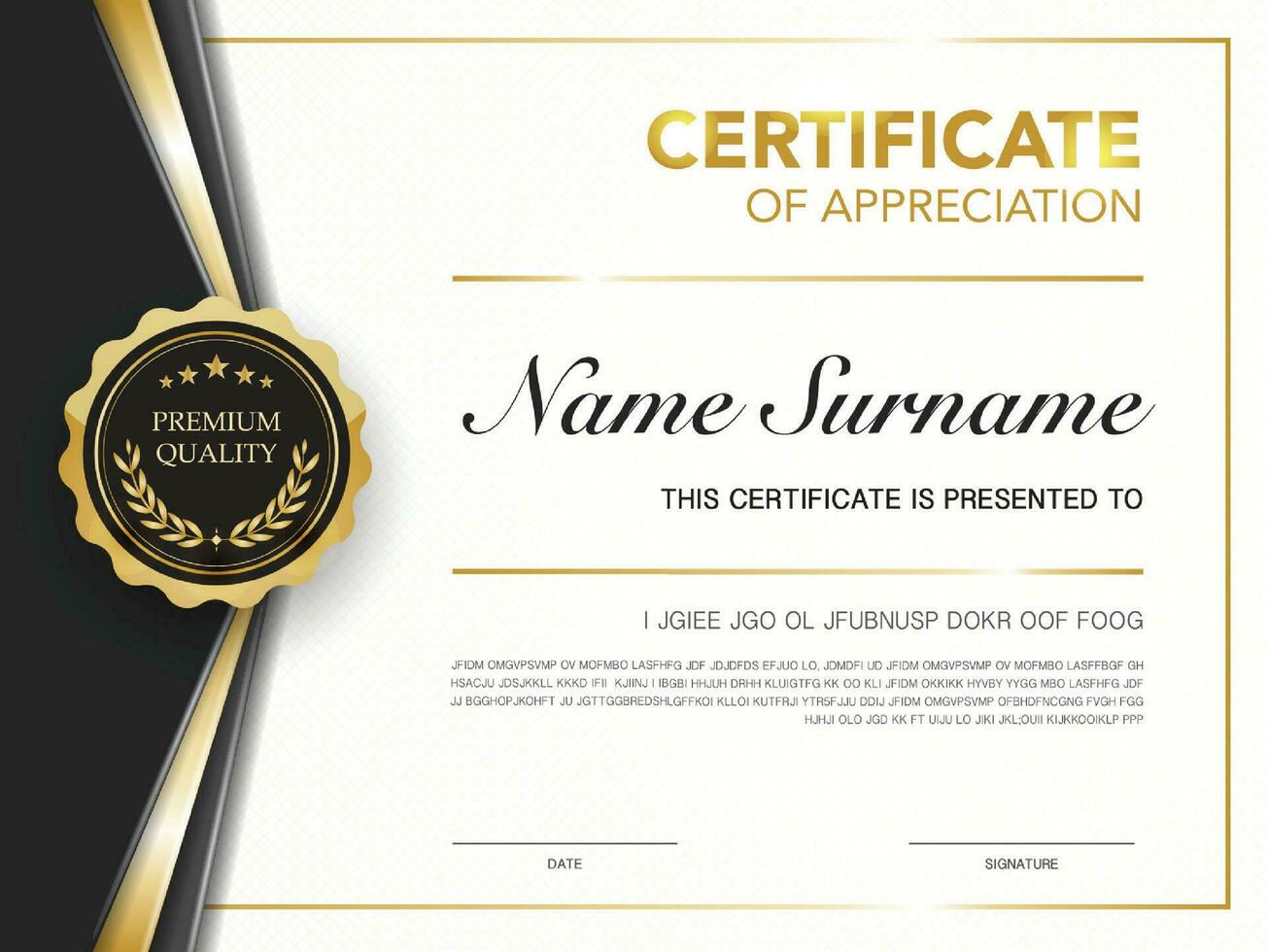 certificate of achievement template black and gold color with luxury and modern style vector image. awards diploma of work. illustration gift card design.