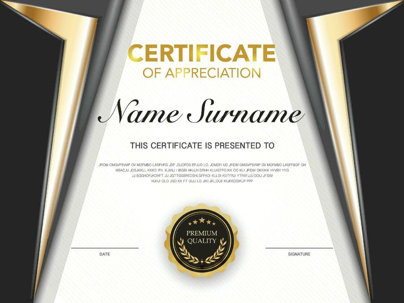 certificado de logro modelo negro y oro color con lujo y moderno estilo vector imagen. premios diploma de trabajar. ilustración regalo tarjeta diseño.