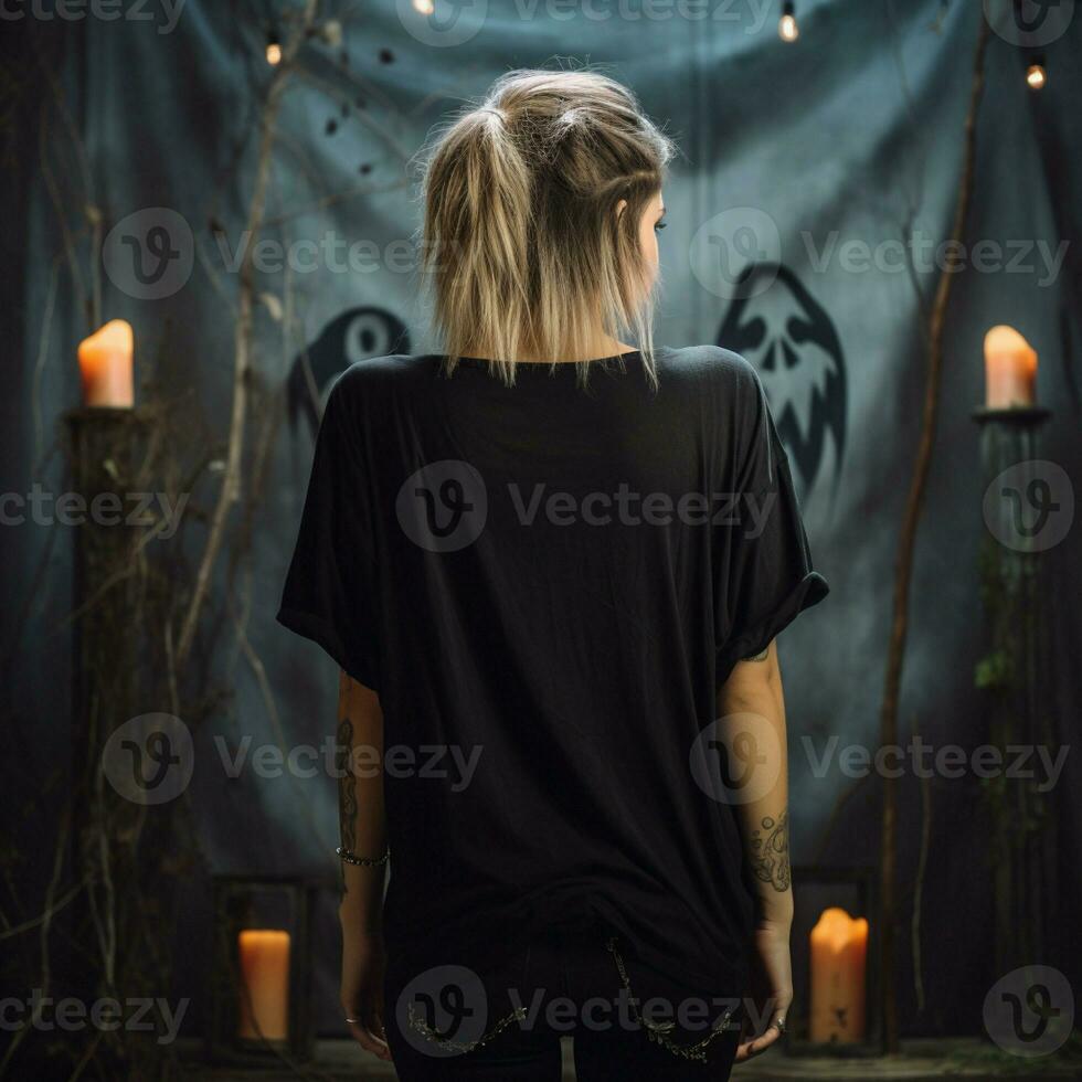 AI generated Girl model wearing black oversize t - shirt. halloween theme. Back view. modern style photo