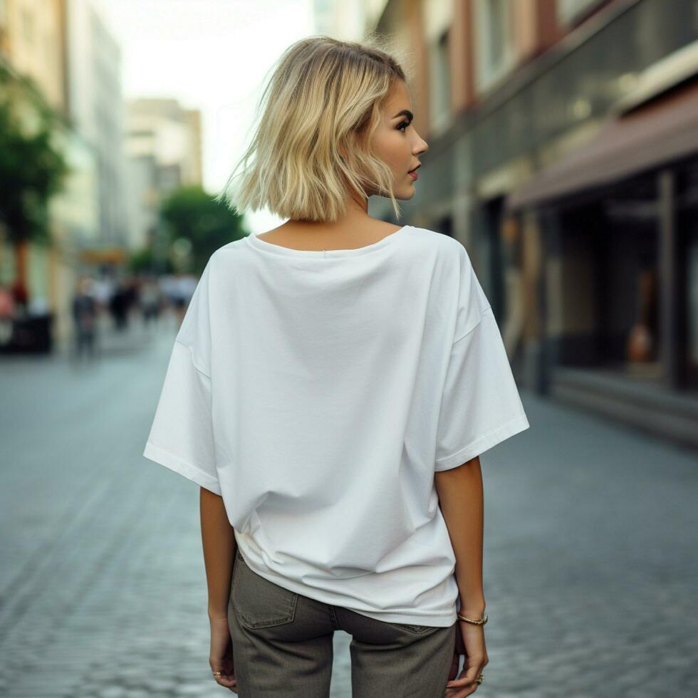 ai generado niña modelo vistiendo blanco blanco demasiado grande t - camisa. la calle. espalda vista. moderno estilo foto