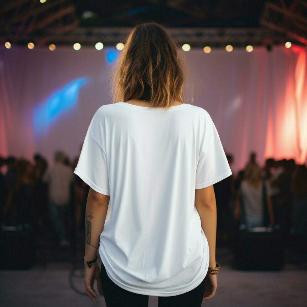 ai generado niña modelo vistiendo blanco demasiado grande t - camisa. música concierto vista. espalda vista. moderno estilo foto