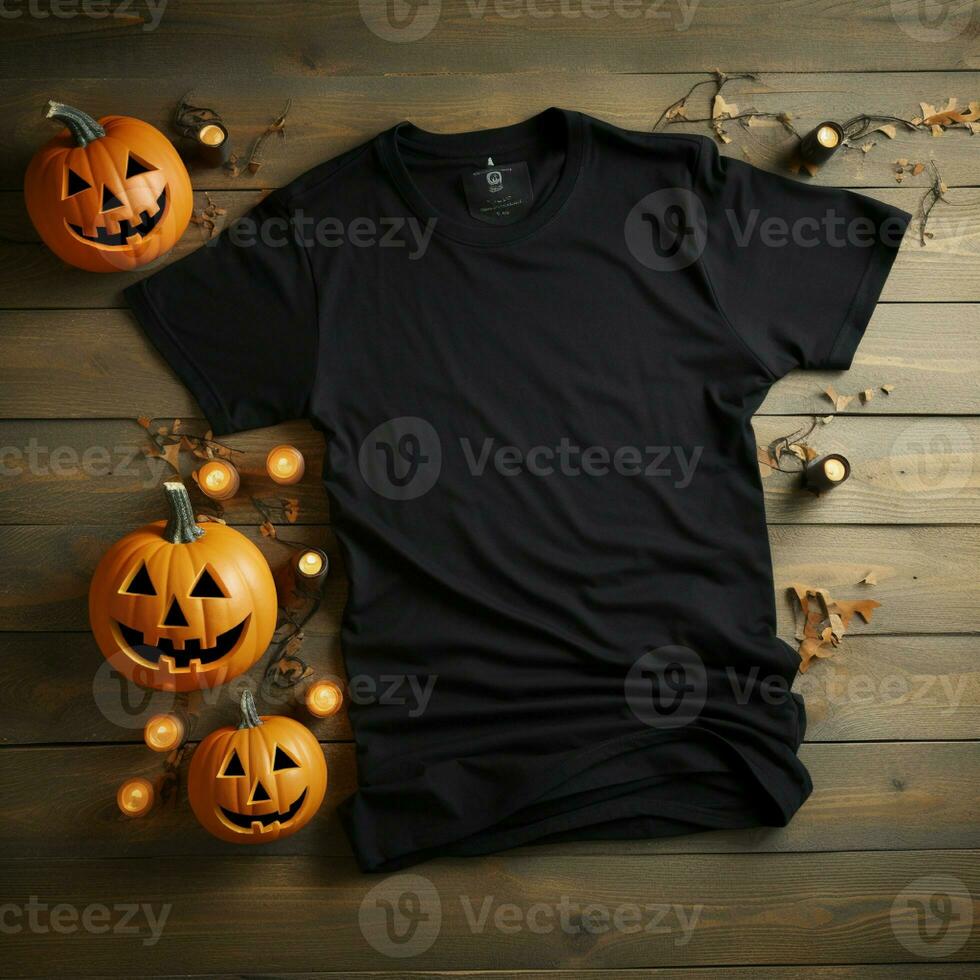 AI generative Blank black t-shirt lying in a sleeping position on a wooden table with several Halloween ornaments photo