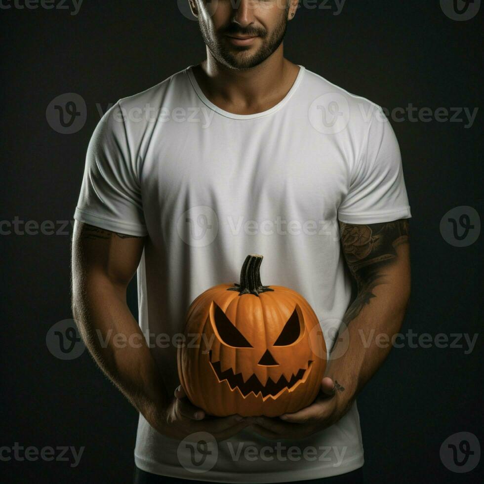 AI generative Photo of a man holding halloween pumpkin in hand, wearing a plain white t-shirt