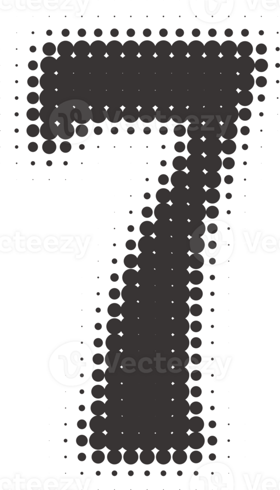Halftone number 7. Grunge font with pixel pattern. Typography numeral with abstract dotted effect. Pop art design element. png