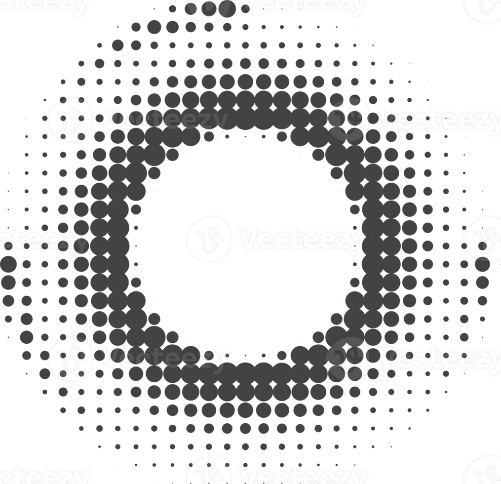 Dotted circle pattern. Abstract halftone round. Frame with random gradient gradation. Grunge rings design png