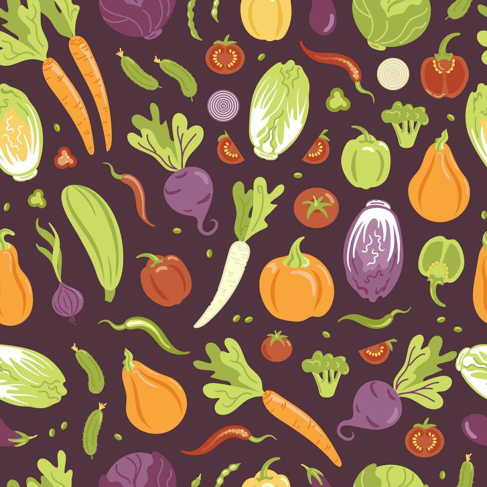 Pattern of vegetables in flat style. Various fresh vegetarian products. agriculture design elements. harvesting. healthy lifestyle. For wallpaper, printing on fabric, wrapping, background. vector