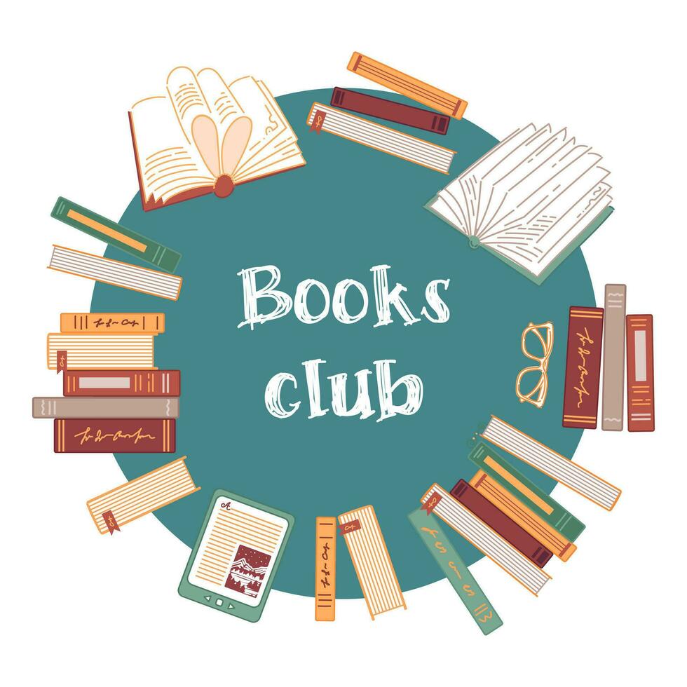 Book club. Round frame made of books. Stacks of textbooks, e-book, glasses. Concept for lovers of reading. Vector illustration in doodle style. For banner, website, poster, sale flyer