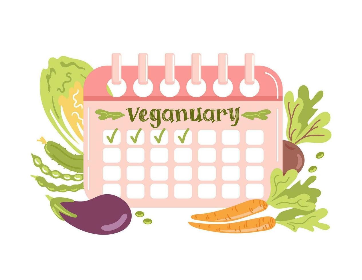 Veganuary. Pink calendar in cartoon style. Planning schedule with marked days, tracker good habits. Fresh seasonal vegetables. Vector illustration in a flat style. For advertising, website, poster