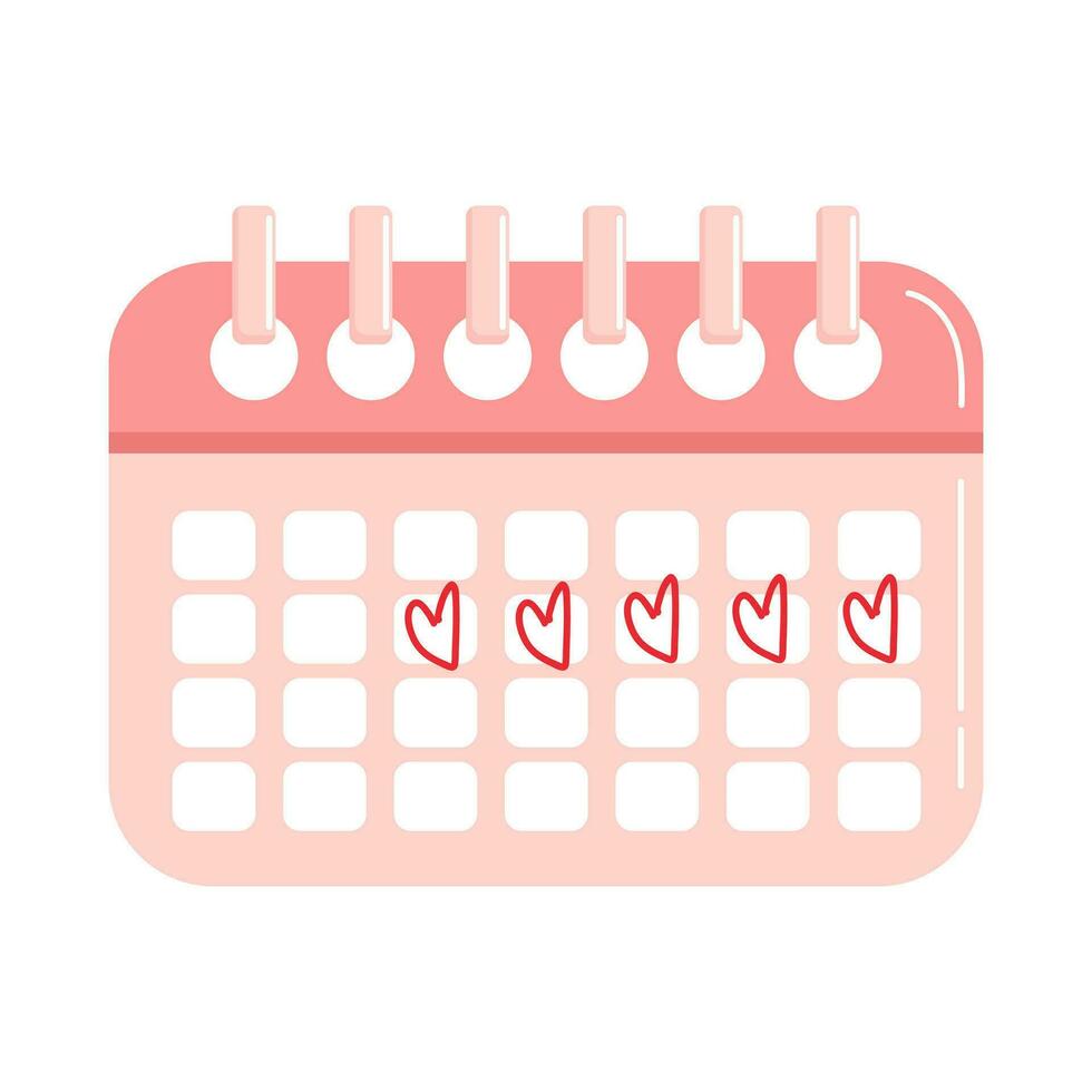 Pink Menstrual calendar with hearts in cartoon style. Women Health. Calendar for menstruation control and pregnancy planning. Period schedule with marked days. Cycle and PMS tracker. vector