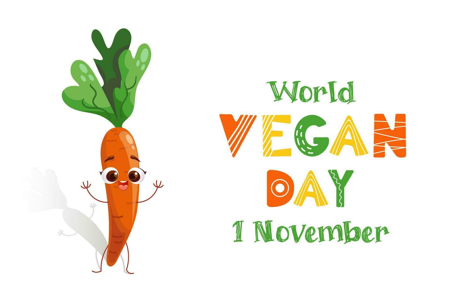 Cute character funny carrot in cartoon style. Vegan day. Banner in cartoon style. Lettering in Scandinavian style. For advertising, website, poster, flyer. Healthy food, vegetables. vector