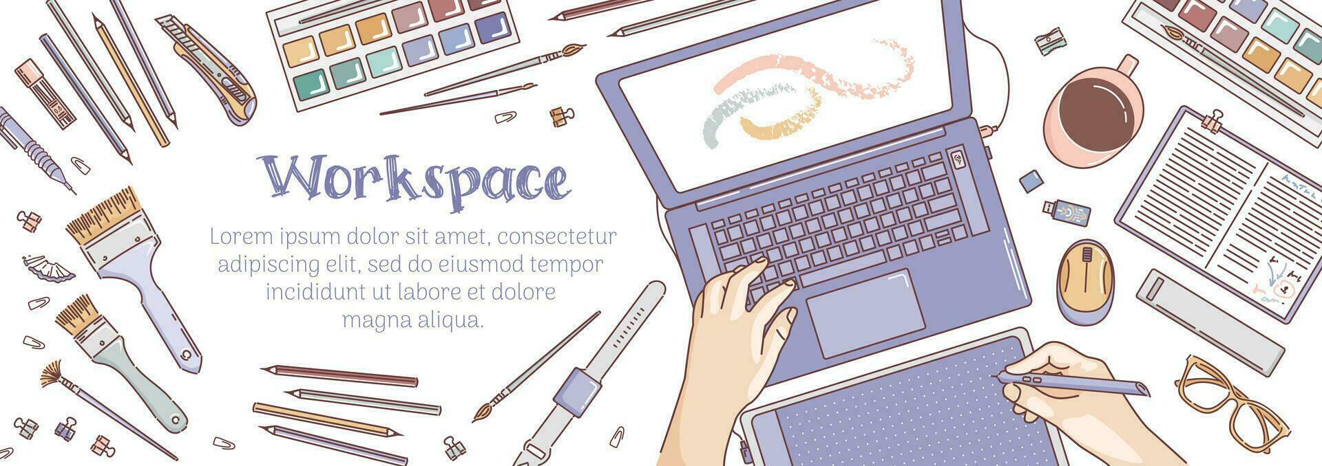 Workspace horizontal banner. Desktop of an artist or designer, laptop, Paints and brushes, notebook, mug, graphic tablet, flash drive, glasses. Doodle style. office. For website, poster, sale flyer vector