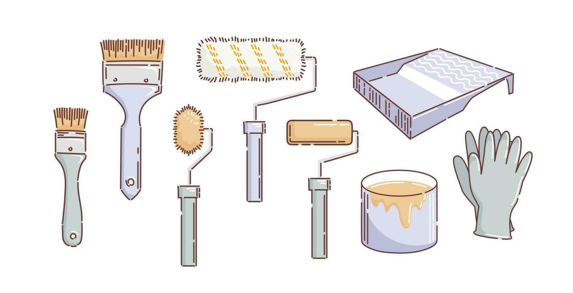 A set of brushes and rollers for painting. Cuvette for paints, gloves, a jar of enamel. Repair, building. Vector illustration in doodle style. For stickers, website, design elements