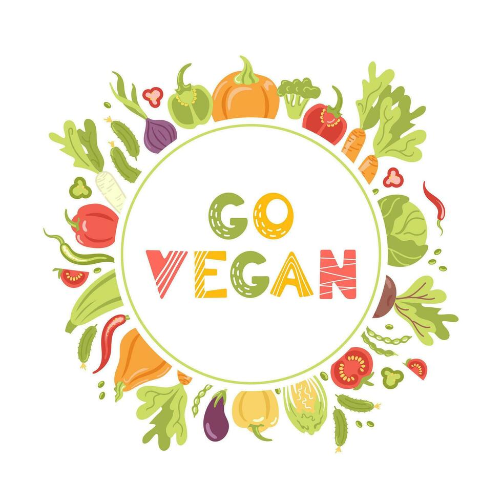 Vamos vegano. redondo marco, guirnalda de Fresco estacional vegetales. vector ilustración en un plano estilo. veganario. letras en escandinavo estilo. para publicidad, sitio web, póster, volantes.