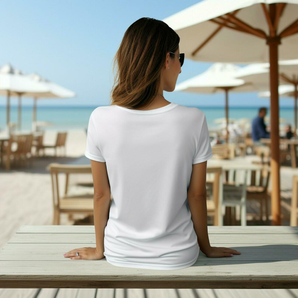 AI Generated Woman sit on the beach cafe, wearing a blank white t-shirt, facing backwards photo