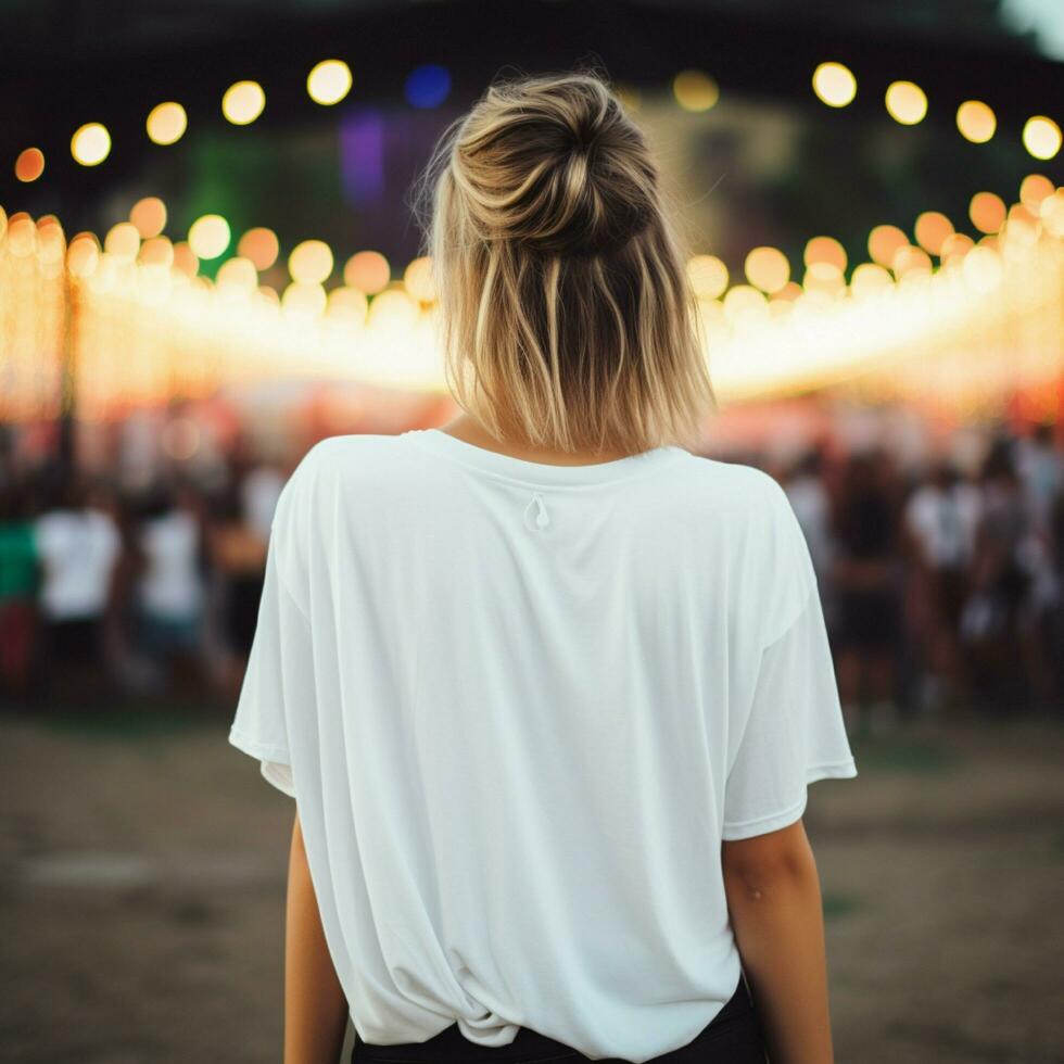 ai generado niña modelo vistiendo blanco demasiado grande t - camisa. música concierto vista. espalda vista. moderno estilo foto