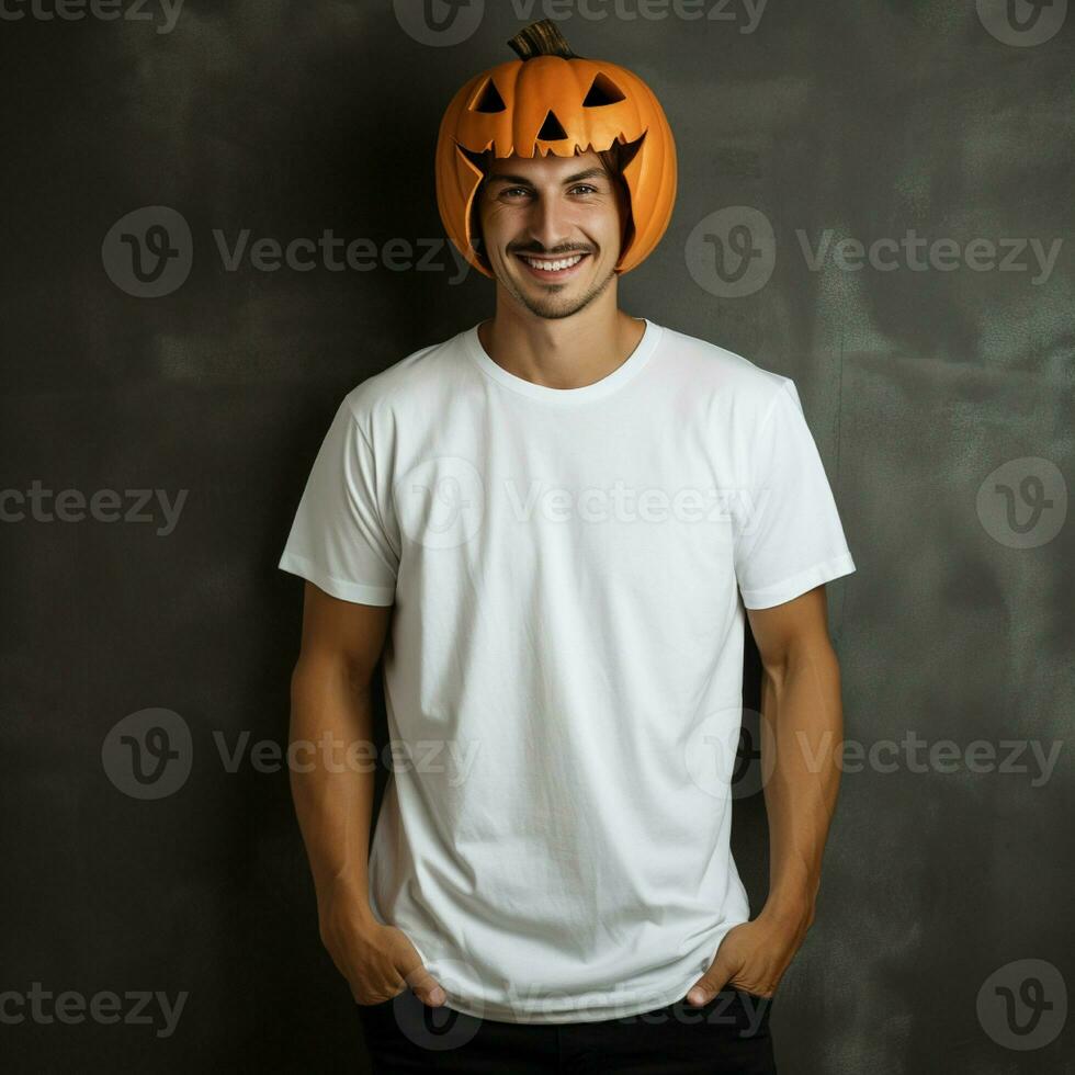 AI generated man wearing blank white t - shirt, wearing Big halloween pumpkin mask photo