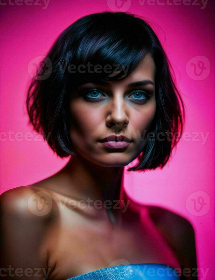 photo of beautiful woman with short hair and mixed pink neon light, generative AI