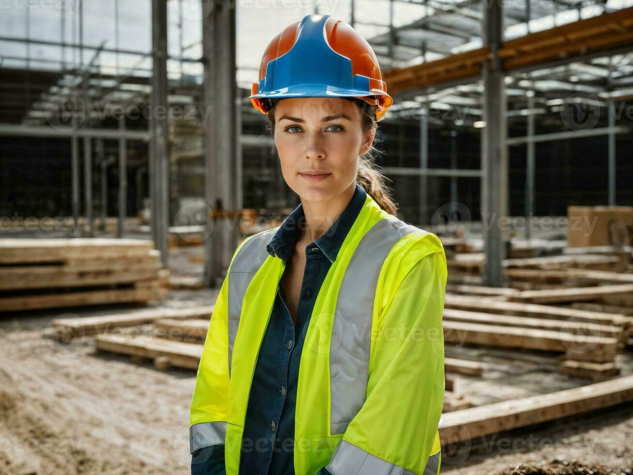 photo of woman as a construction worker with helmet, generative AI